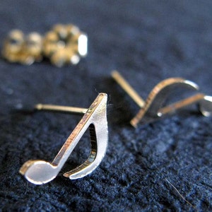 Small 8th note music stud earrings handmade in sterling silver or 14k gold