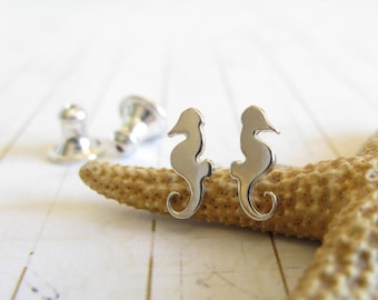 Seahorse stud earrings handmade in sterling silver or 14k gold