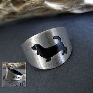 Dog breed silhouette sterling silver ring with personalized name and breed option ~ Basset Hound