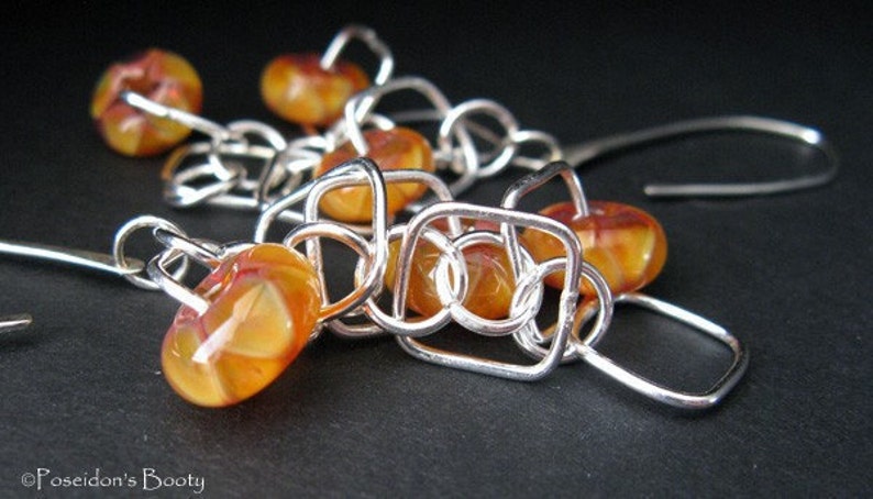 Orange and yellow lampwork glass bead long dangle sterling silver earrings image 3