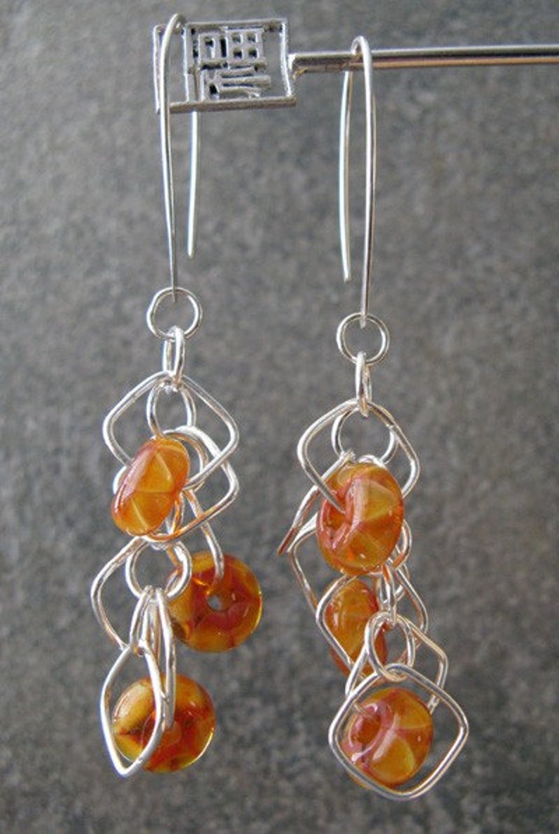 Orange and yellow lampwork glass bead long dangle sterling silver earrings image 2