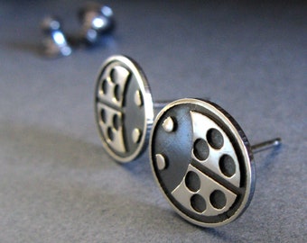 Ladybug beetle stud earrings handmade in sterling silver