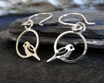 Bird on a ring dangle earrings artisan handmade in sterling silver