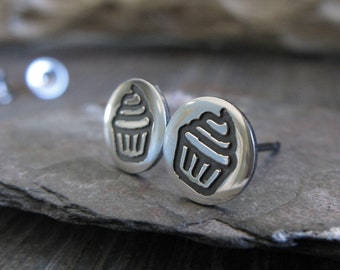 Cupcake baker stud earrings handmade in sterling silver