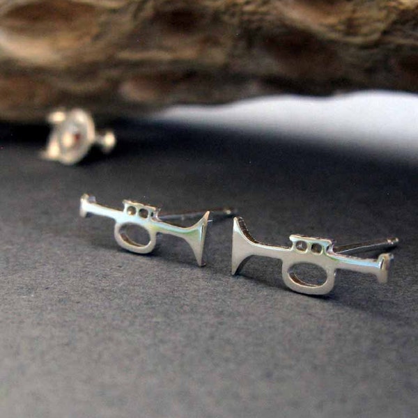 Trumpet horn stud earrings handmade in sterling silver or 14k gold