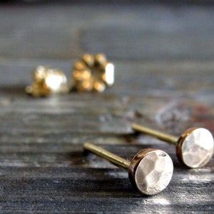 Tiny 3mm hammered disc stud earrings handmade in 14k gold image 4