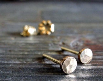 Minimalist tiny 3mm solid 14k yellow gold hammered dot stud earrings