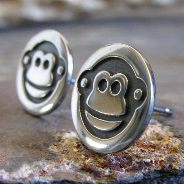 Monkey chimp face stud earrings handmade in sterling silver