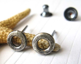Rustic minimalist 6mm ring stud earrings handmade in antiqued sterling silver