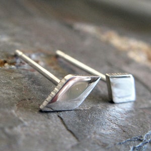 Tiny minimalist diamond shape stud earrings handmade from sterling silver or 14k gold