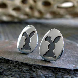 Easter bunny in egg stud earrings handmade in sterling silver
