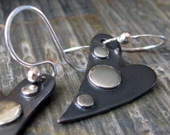 Hearts artisan oxidized copper and sterling silver earrings
