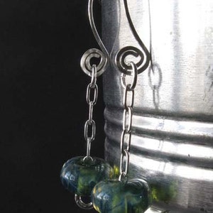 Lampwork blue green boro glass bead chain dangle earrings with sterling silver image 2