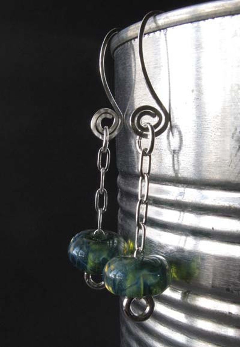 Lampwork blue green boro glass bead chain dangle earrings with sterling silver image 2