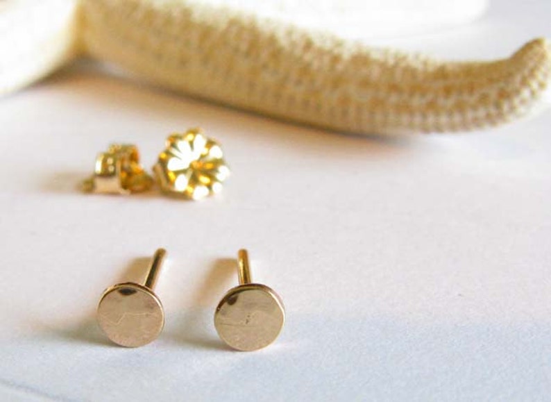 Tiny 3mm hammered disc stud earrings handmade in 14k gold image 3