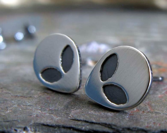 Dainty alien post stud earrings handmade in sterling silver