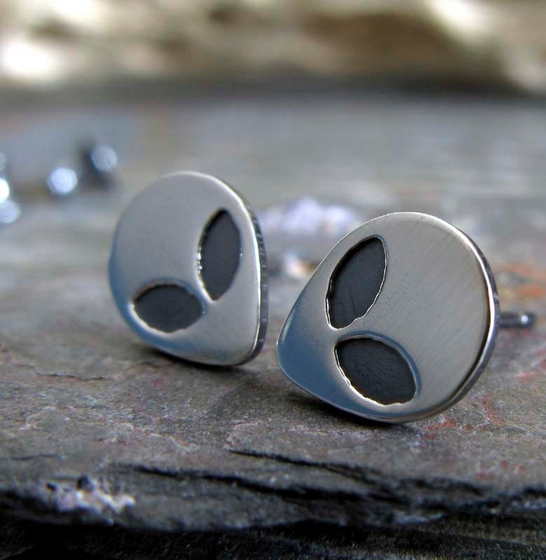 Dainty alien post stud earrings handmade in sterling silver