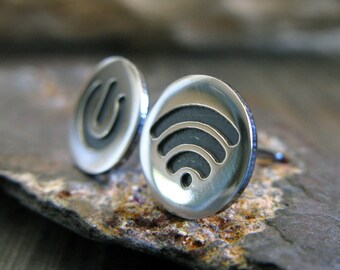 Computer technikfähnrich wi-fi und power symbol ohrstecker handgemacht in sterling silber