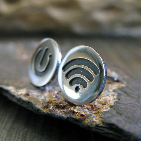 Computer techie wi-fi and power symbol mismatched stud earrings handmade in sterling silver