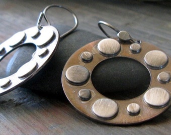 Rustic mixed metal hoop dangle earrings artisan handmade in oxidized copper and sterling silver