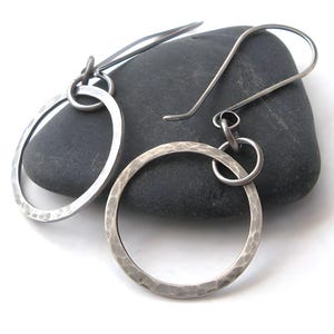 Long circle hoop dangle earrings artisan handmade in antiqued sterling silver
