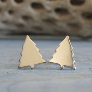 Christmas pine tree stud earrings handmade in sterling silver or 14k gold