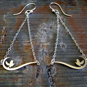 Dainty Dove bird in Flight dangle earrings handmade from sterling silver or gold filled