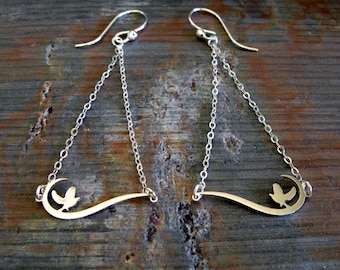 Dainty Dove bird in Flight dangle earrings handmade from sterling silver or gold filled