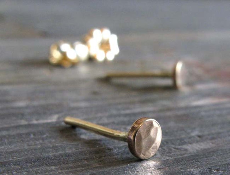 Tiny 3mm hammered disc stud earrings handmade in 14k gold image 2