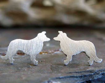 Border Collie dog stud earrings handmade in sterling silver or 14k gold