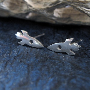 Rocket spaceship stud earrings handmade from sterling silver or 14k gold