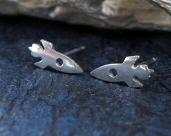 Rocket spaceship stud earrings handmade from sterling silver or 14k gold