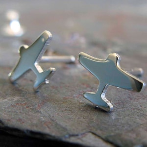 Airplane stud earrings handmade in sterling silver or 14k gold