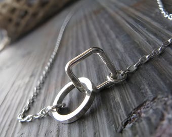 Interlocking square and circle sterling silver geometric minimalist necklace