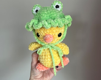 Duck in frog hat plushie, plushie, frog plushie, duck plushie, duck toy, dress up plushie, costume plushie, plushie collection