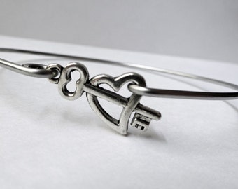Key & Heart Bracelet - His and or Hers - Stainless Steel Bangle - Hook and Eye Clasp - all sizes - wedding Bridesmaid - mother daughter set