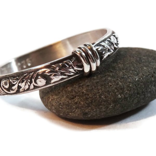 Past, Present, Future - Thistle Pattern Ring © - 3 silver wraps - Sporran Key - Celtic Filigree - Outlander - Blood of my Blood wedding band