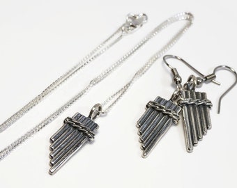 Solid Sterling Pan Flute - solid sterling - Hand Crafted - 18” .925  box chain - Peter Pan - Fairy Tale - Narnia - Native - earrings or set