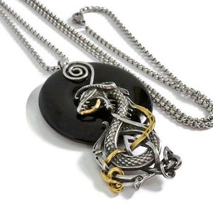 May include: Silver-tone dragon pendant necklace with gold accents and a black stone backing. The dragon is intricately detailed, and the necklace has a silver chain. A unique piece of jewelry.