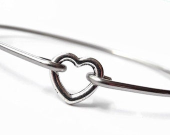 Heart Bracelet - stainless steel bangle - Hook clasp - open silver heart - made to your size - symbol of Love - bridesmaid - everyday gift
