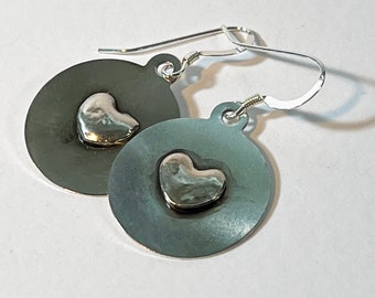 Organic Puffy Heart earrings - Fine silver puffy hearts - sterling discs - Love & Romance - Wedding - Engagement - anniversary - graduations
