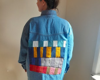 Upcycled denim shirt with asymmetrical quilted back panel