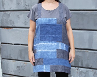 Patchwork shibori linen crossback apron with pocket