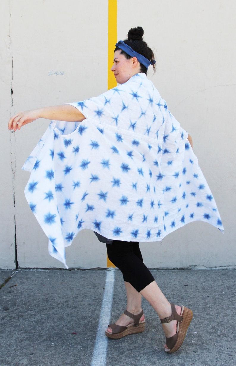 Large Linen Shibori Shawl With Arm Holes Etsy