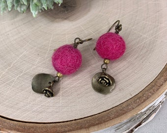 Felt Bobble Flower Bell Earrings - Rose Maroon Pink