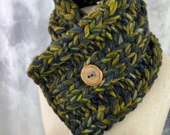 Green Forest Scarflette - Merino Wool, Tree Branch Wood Button