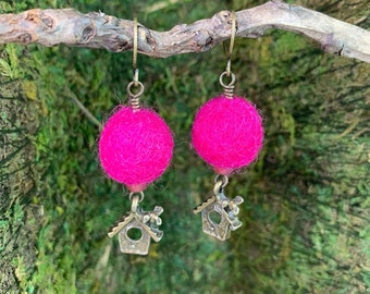 Felt Bobble Birdhouse Earrings - Fuchsia Pink