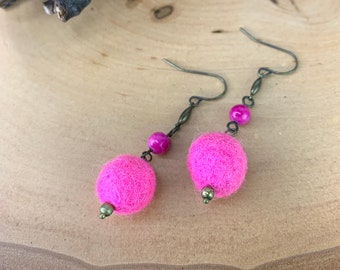 Felt Bobble Dangle Darling Earrings - Pink