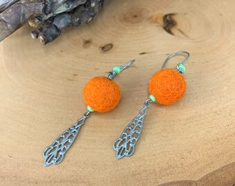 Felt Bobble Dangle Drop Earrings - Orange/Green