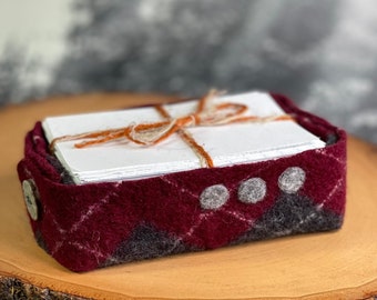 Note Paper Upcycled Felt Box - Scrap Paper Holder - Desk Organizer - Maroon/Gray